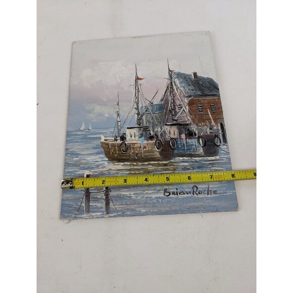 Vintage Signed Brian Roche Original Seascape Oil Painting Fishing Boats On Board - Picture 10 of 10
